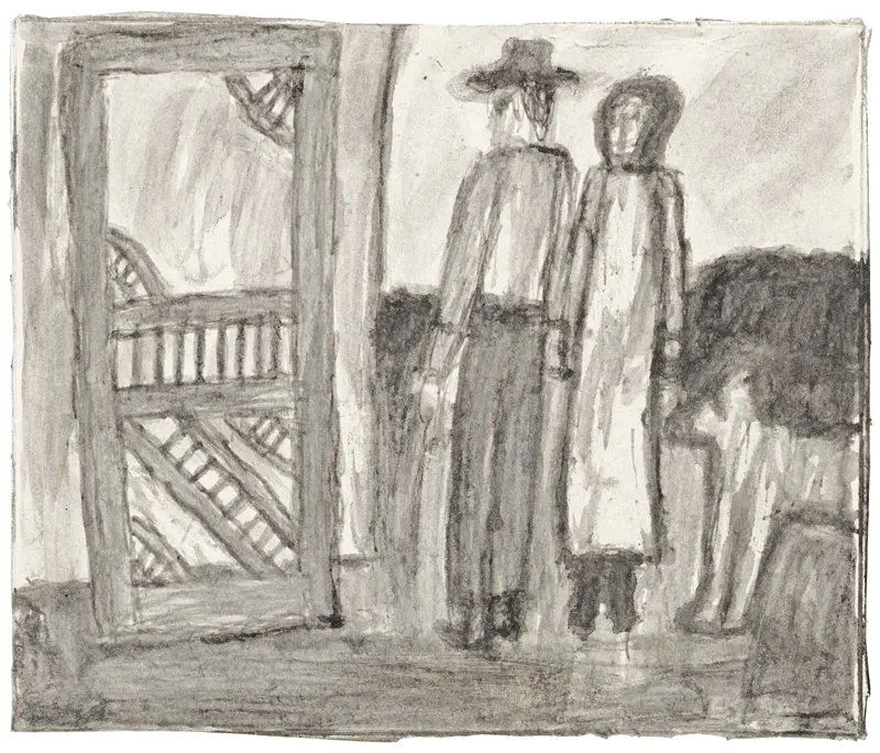 Untitled (Outdoor scene with man, woman, dog, and decorative screen door) by James Castle