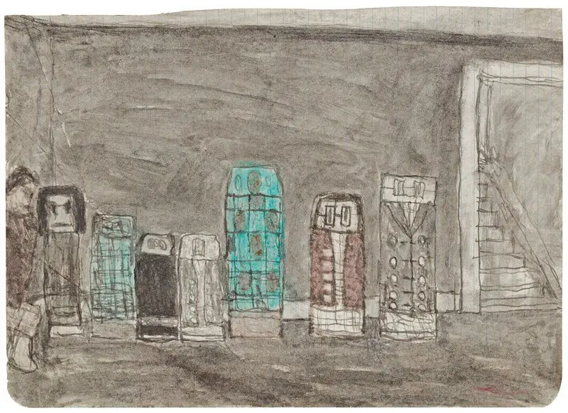 Untitled (Interior with figure and seven “friend” constructions) by James Castle