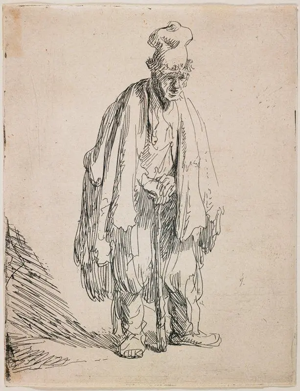 Beggar in a High Cap Leaning on a Stick by Rembrandt van Rijn