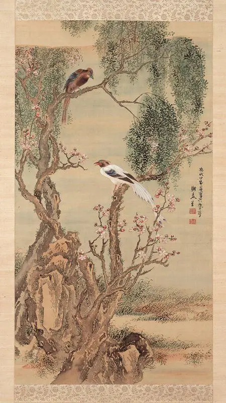 Two Magpies on Willow and Peach Trees by Yosa Buson