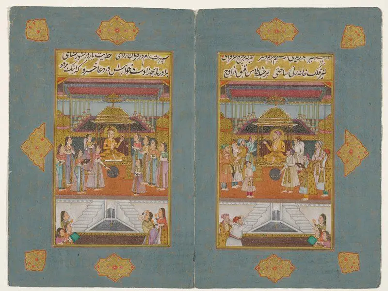 Two court scenes, one with a woman presiding the other with a man [Nur Jahan and Jahagir?] by Artist Unknown, Provincial Moghul [possibly Murshidabad]