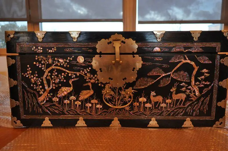 Lacquer storage box with cranes, deer, and fish by Korea