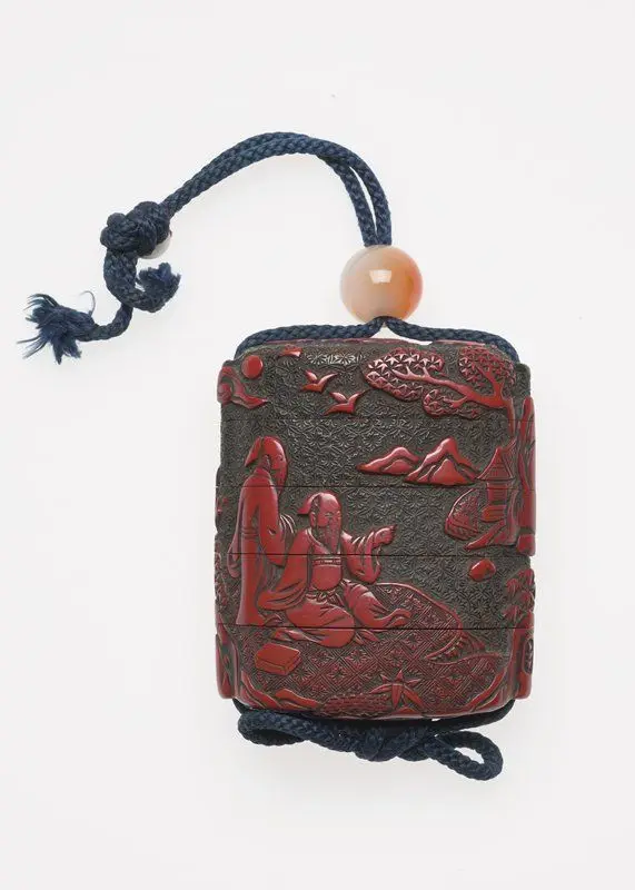 Four-case carved lacquer (tsuishu) inro decorated with Chinese scholars; agate ojime by Japan
