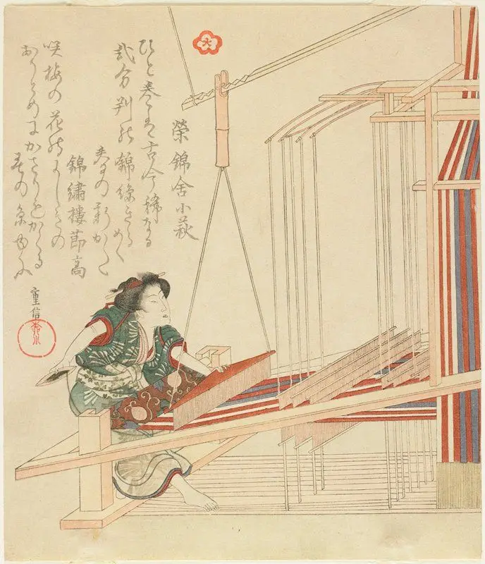 Woman Weaving by Yanagawa Shigenobu
