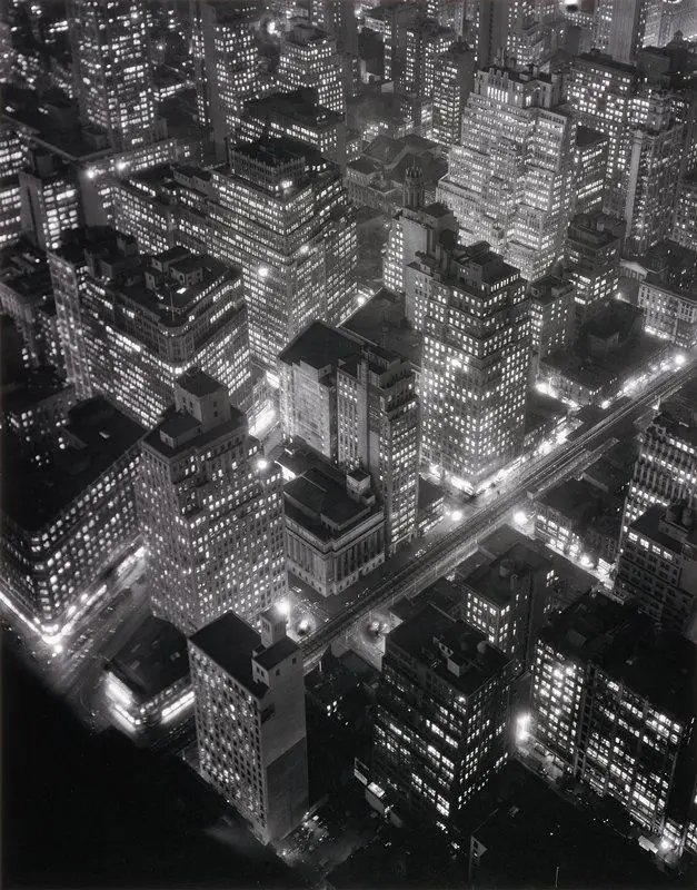 New York, West side Looking North from Upper 30s (night view) by Berenice Abbott