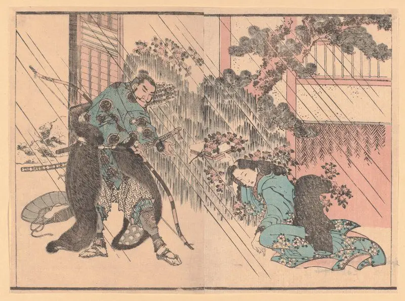 Woman Offering a Branch of Bloomed Cherry to a Warrior by Katsushika Hokusai