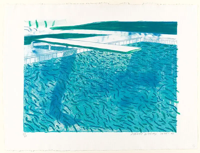 Lithograph of Water Made of Thick and Thin Lines, a Green Wash, a Light Blue Wash, and a Dark Blue Wash by David Hockney