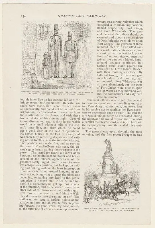 President Lincoln, General Grant, and Tad Lincoln at a Railway Station (Sketched from life by Winslow Homer) by Winslow Homer