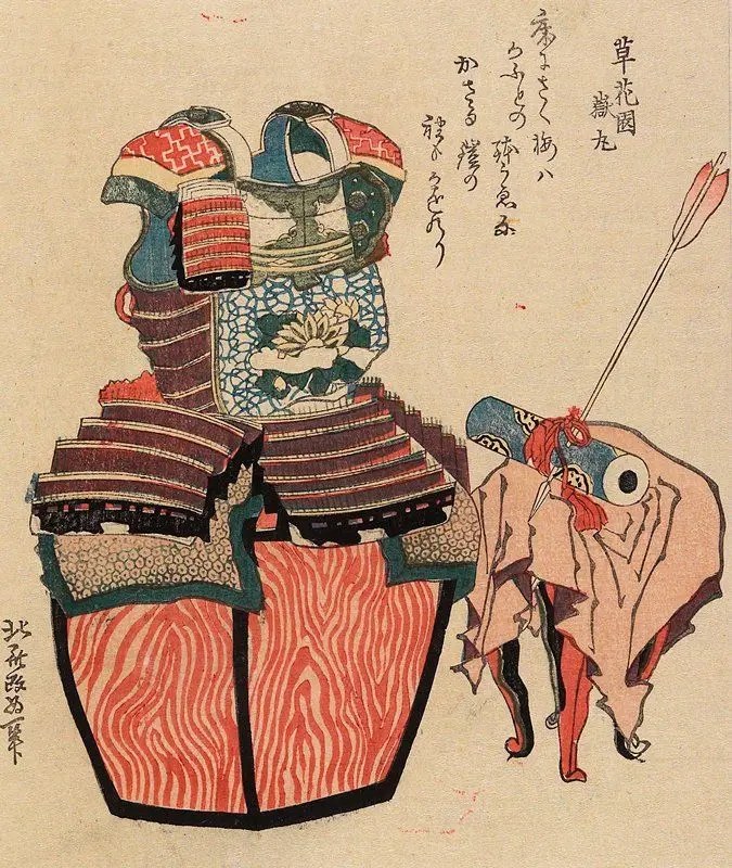 Avalokitesvara Sutra and Armor with Chrysanthemum-Stream Motif in Mandarin Orange by Katsushika Hokusai