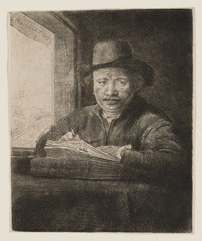 Rembrandt Drawing at a Window by Rembrandt van Rijn