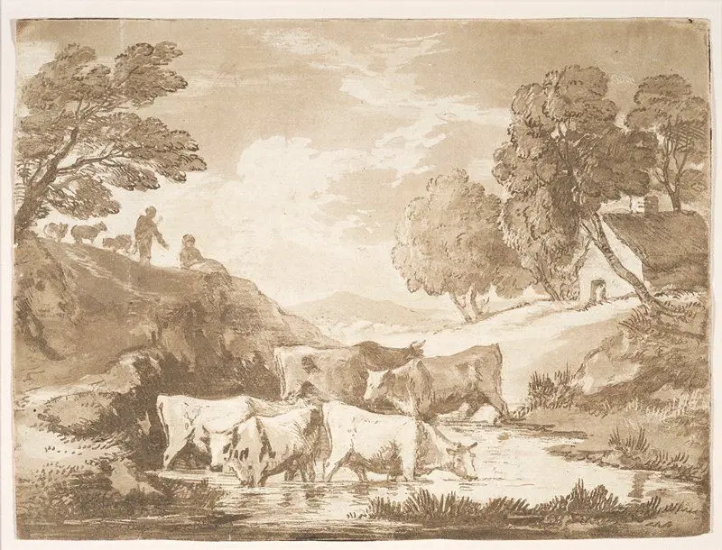 Wooded Landscape with Cows at a Watering Place, Figures and Cottage by Thomas Gainsborough R.A.