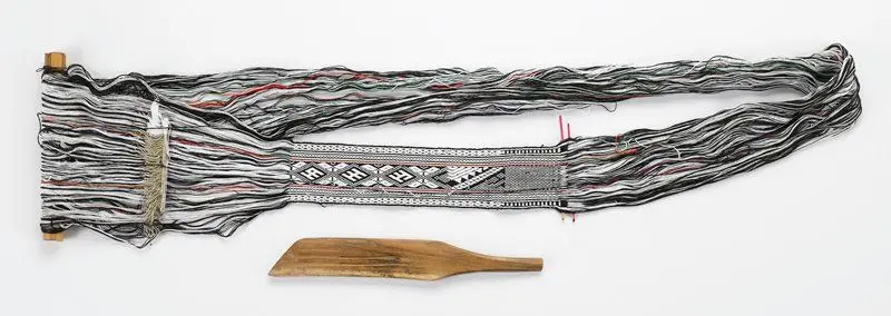 Tension Toe Loom with Attached Weaving by Miao artist