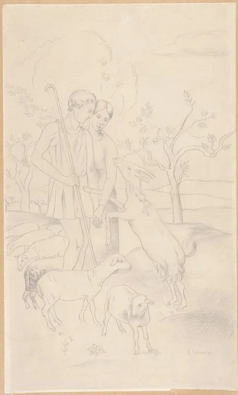 Shepherd with Girl in Landscape by Gino Severini