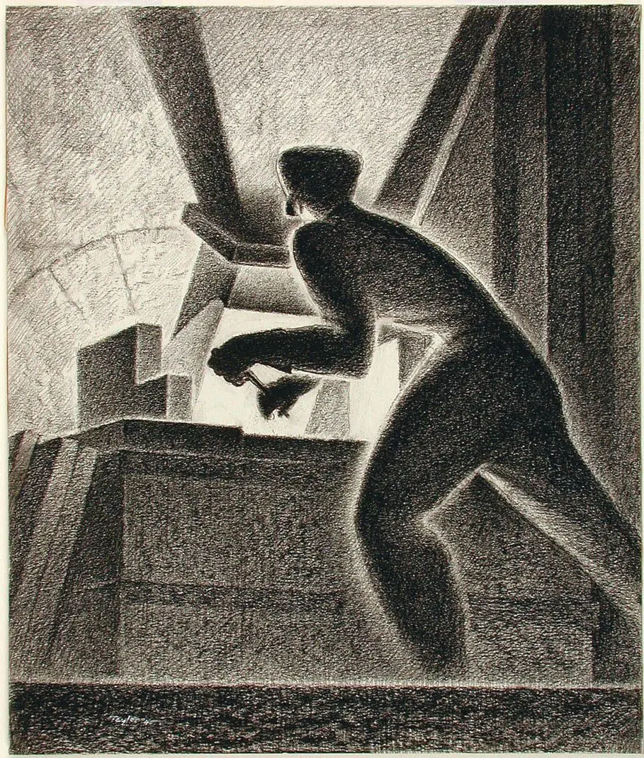 Feeding a Glass Furnace (“Feeding the Tank”), Consumers Glass Co. Ltd., Ville Saint-Pierre, P.Q. by Frederick B. Taylor