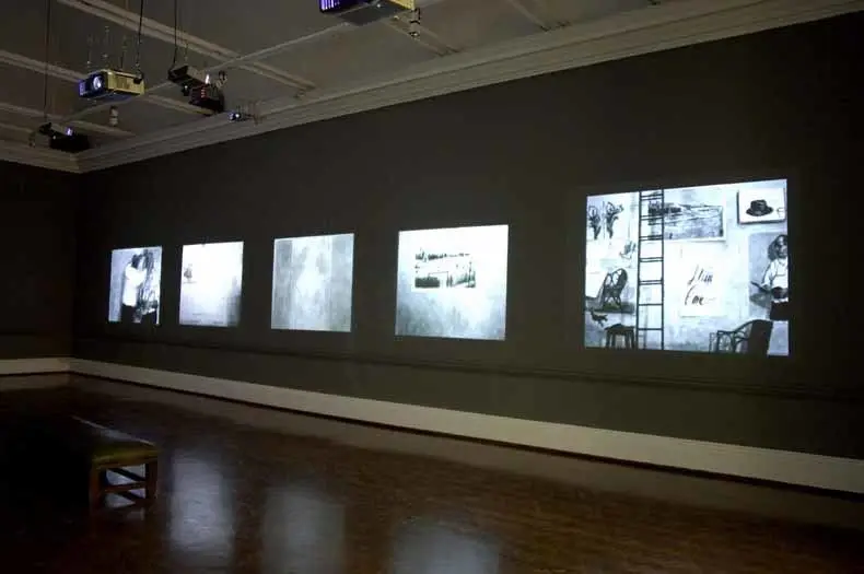 7 Fragments for Georges Méliès, Installation of seven film fragments: Invisible Mending; Moveable Assets; Autodidact; Feats of Prestidigitation; Tabula Rasa I; Tabula Rasa II; and Balancing Act by William Kentridge, William Kentridge