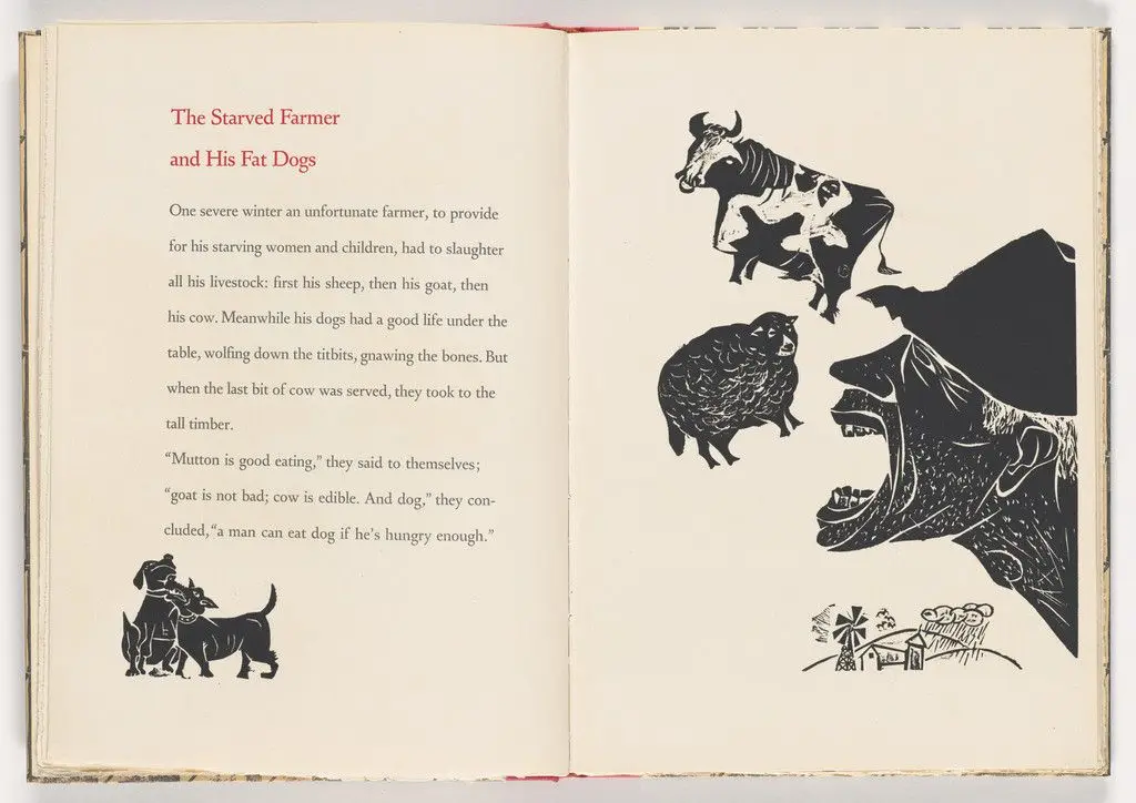 The Starved Farmer and His Fat Dogs from 12 Fables of Aesop by Antonio Frasconi