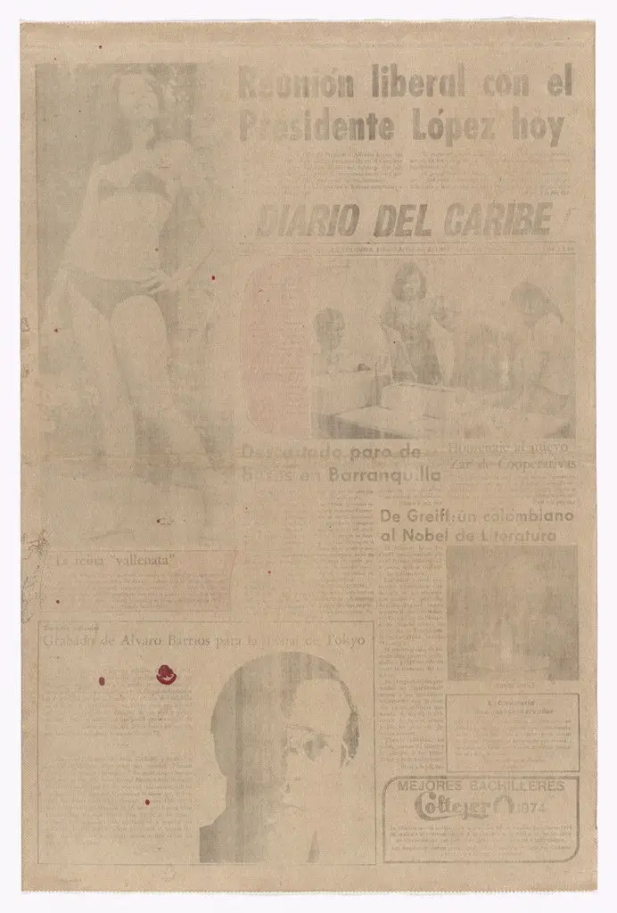 Popular Print for the 9th Biennial of Tokyo, published in Diario del Caribe, October 3, 1974 (Grabado popular impreso para la IX Bienal de Grabados de Tokyo, publicado en Diario del Caribe, 3 de octubre de 1974) by Álvaro Barrios