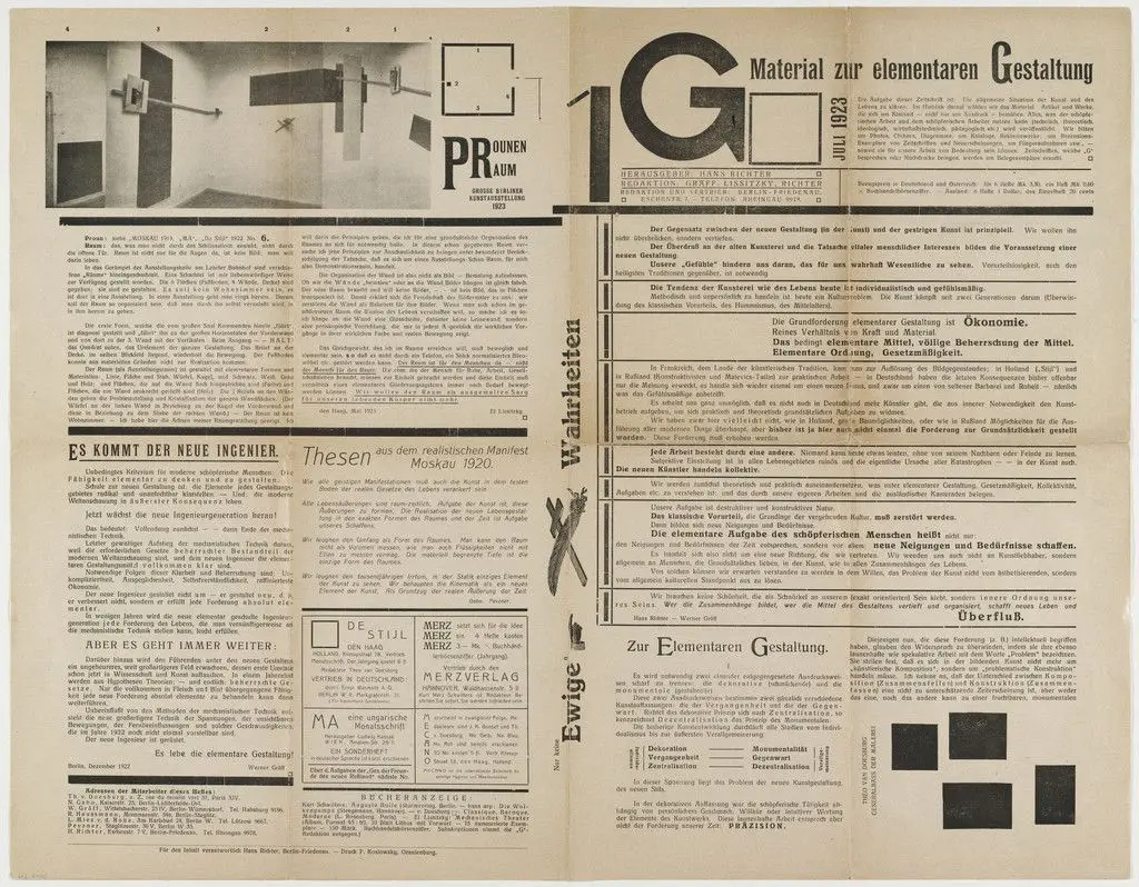G: Material zur elementaren Gestaltung (Material for Elementary Construction) no.1, July 1923 by Hans Richter, Werner Graeff, El Lissitzky, Ludwig Mies van der Rohe, Frederick Kiesler