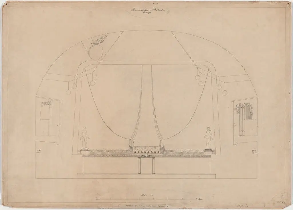 Skandia Cinema, Stockholm, Sweden, Elevation of front of auditorium by Erik Gunnar Asplund