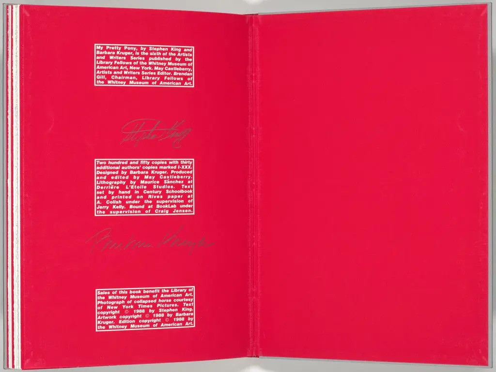 Double page plate with colophon (folio 32 verso and endpaper) from My Pretty Pony by Barbara Kruger
