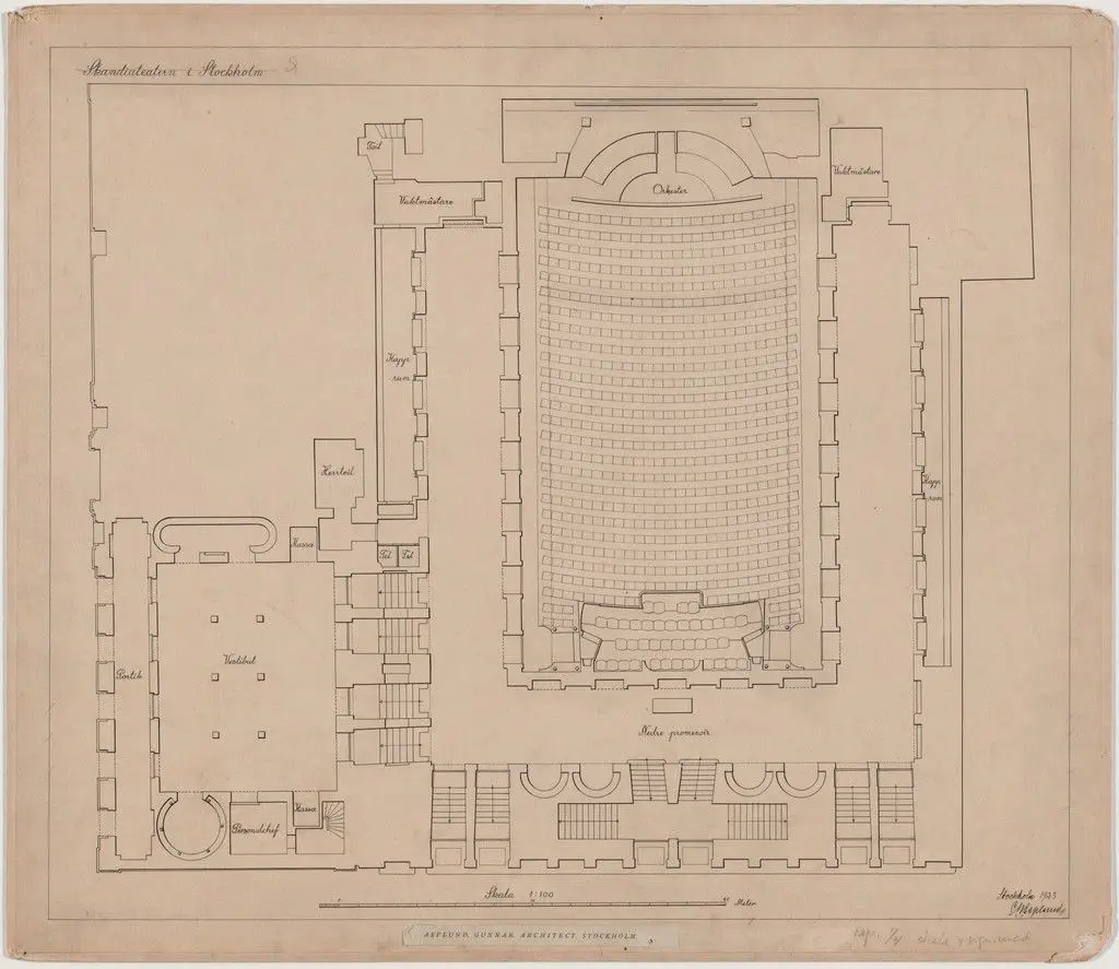 Skandia Cinema, Stockholm, Sweden, Plan of ground floor by Erik Gunnar Asplund
