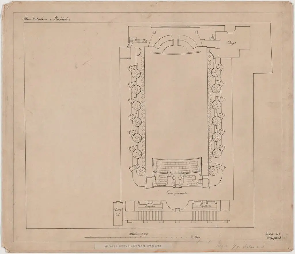 Skandia Cinema, Stockholm, Sweden, Floor plan of mezzanine by Erik Gunnar Asplund