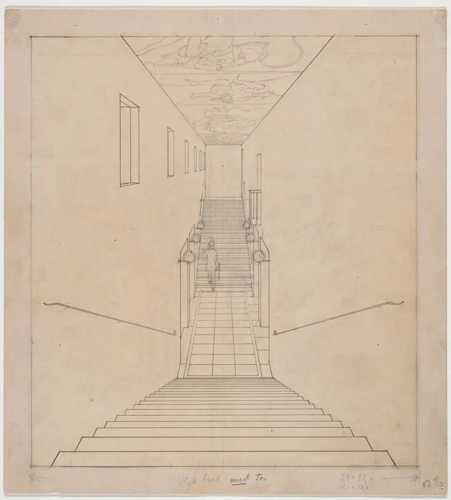 Skandia Cinema, Stockholm, Sweden, Perspective of staircase by Erik Gunnar Asplund