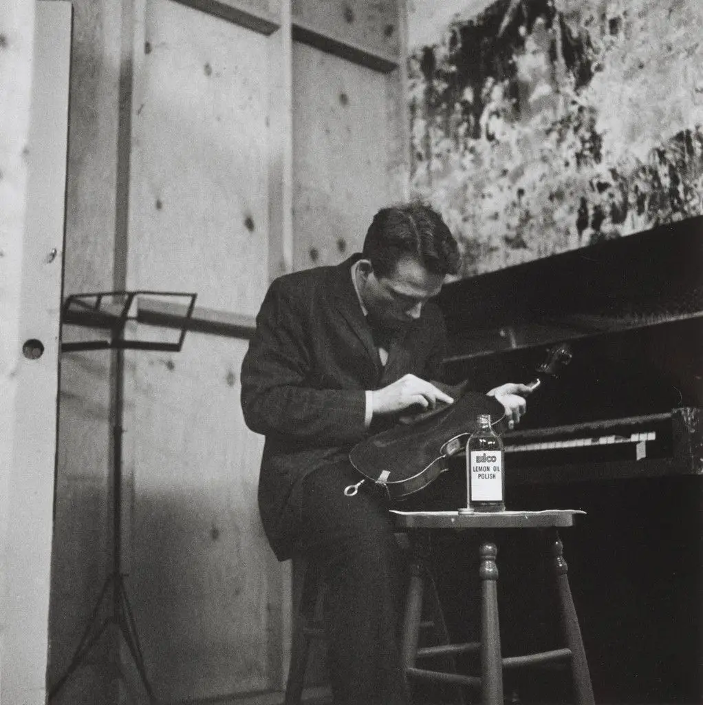 George Brecht's Solo for Violin, Viola, Cello, or Contrabass (1962), performed during Fully Guaranteed 12 Fluxus Concerts, Concert no. 5, Fluxhall, 359 Canal St., New York, April 25, 1964 by George Brecht