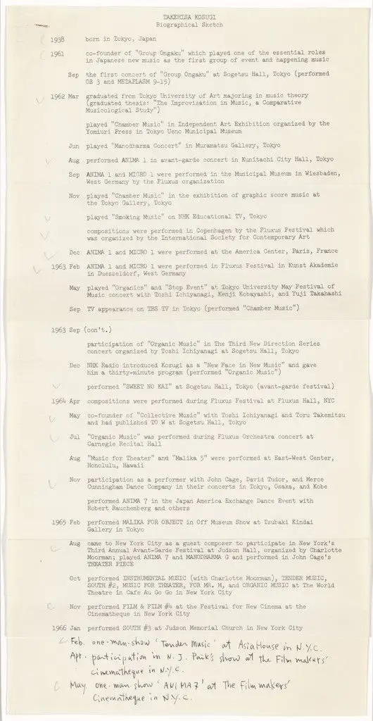 Biographical Sketch, Anima 7, Tender Music, For Mr. M, Instrumental Music, To W., Organic Music, and Film & Film #4 by Takehisa Kosugi