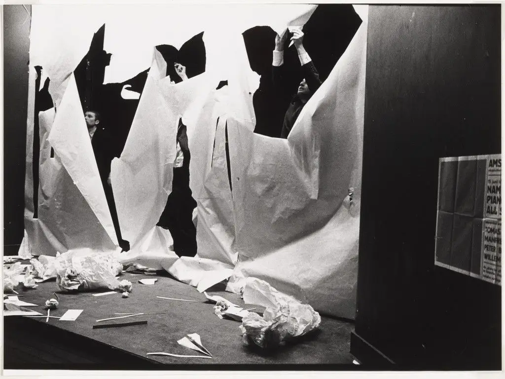 Benjamin Patterson's Paper Piece (1960), performed during Fluxus Festival/Theatre Compositions/Street Compositions/Exhibits/Electronic Music, Hypokriterion Theater, Amsterdam, June 23, 1963 by Benjamin Patterson