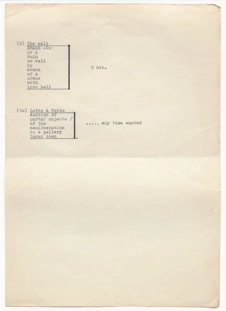 Contergan (Thalidomide), Do it yourself, St. Tropez, Supermann (Triplet), Décollage, Kleenex 4 (effaçage), Sun in the head, 130 km/h, The Wall, and Lotto & Totto by Wolf Vostell