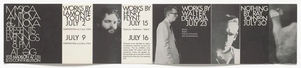 Announcement card for Evenings, AG Gallery, New York, July 1961 by George Maciunas