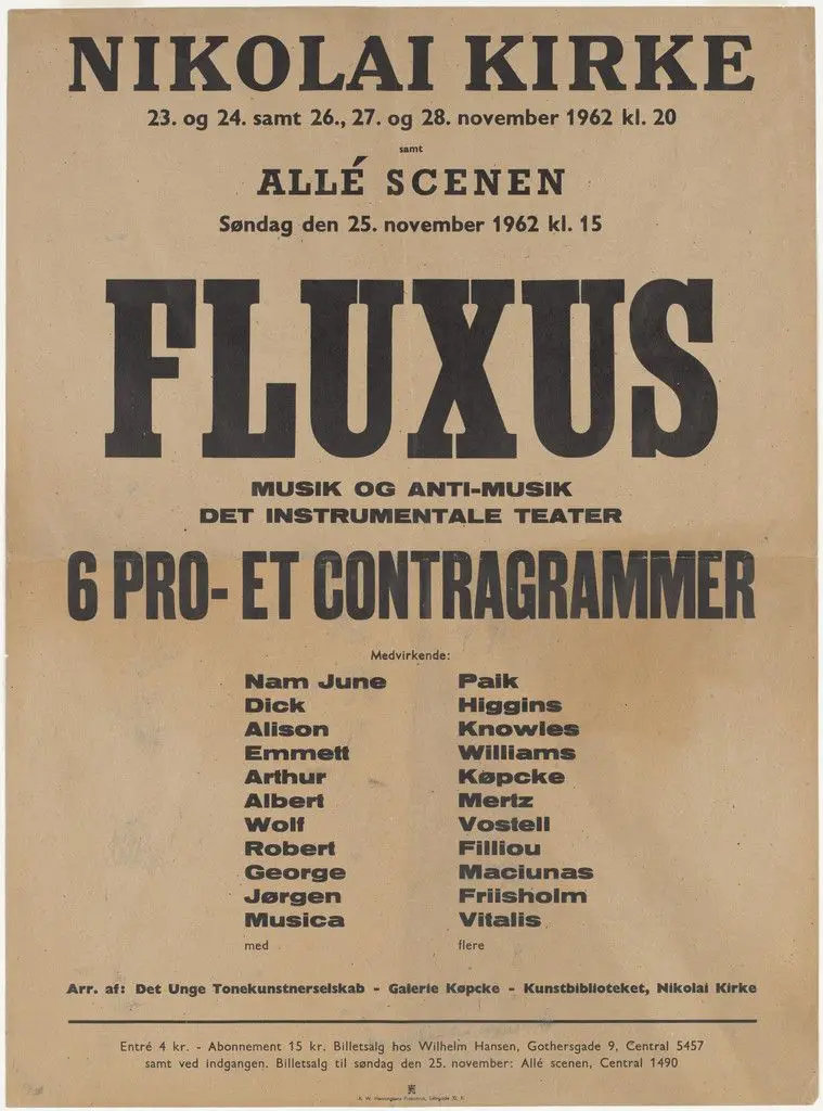 Poster for Fluxus Musik og Anti-Musik Det Instrumentale Teater, Nikolai Kirke, Copenhagen, Denmark, November 23-24; 26-28, 1962 by Designer Unidentified