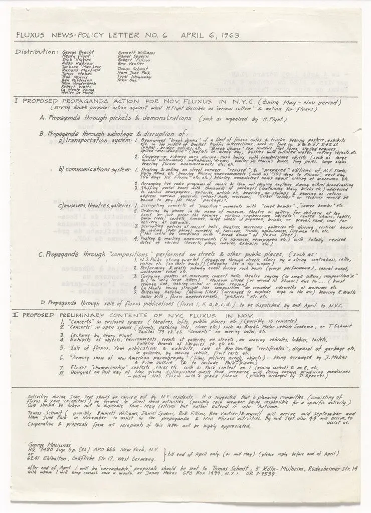 Fluxus News-Policy Letter, no. 6, April 6, 1963 by George Maciunas