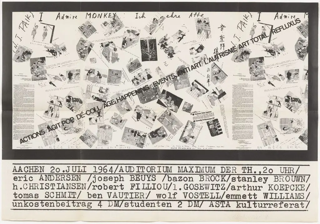 Poster for Actions/Agit Pop/Dé-Coll/Age Happening/Events/Anti Art/L'Autrisme/Art Total/Refluxus, Auditorium Maximum, Aachen, Germany, July 20, 1964 by Nam June Paik