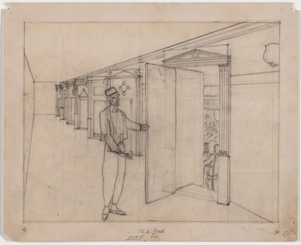 Skandia Cinema, Stockholm, Sweden, Perspective of promenade by Erik Gunnar Asplund