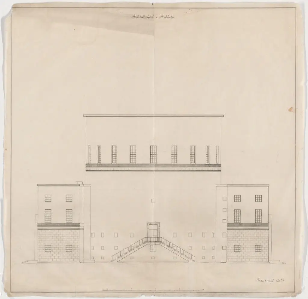 Public Library, Stockholm, Sweden, Elevation of west facade by Erik Gunnar Asplund
