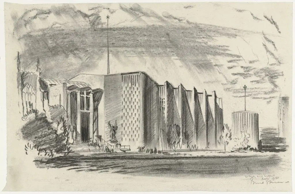 Coventry Cathedral, Coventry, England, Perspective sketch by Basil Spence