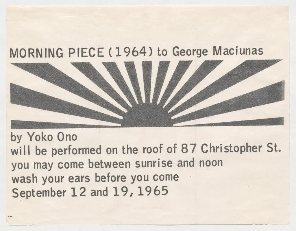 Announcement for Morning Piece (1964) to George Maciunas, roof of Yoko Ono's apartment buildling, New York by Yoko Ono