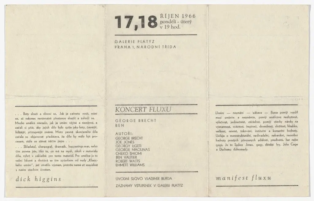 Announcement for Koncert Fluxu, Galerie Platyz, Prague, Czechoslovakia, October 13, 14, 17, and 18, 1966 by Designer Unidentified
