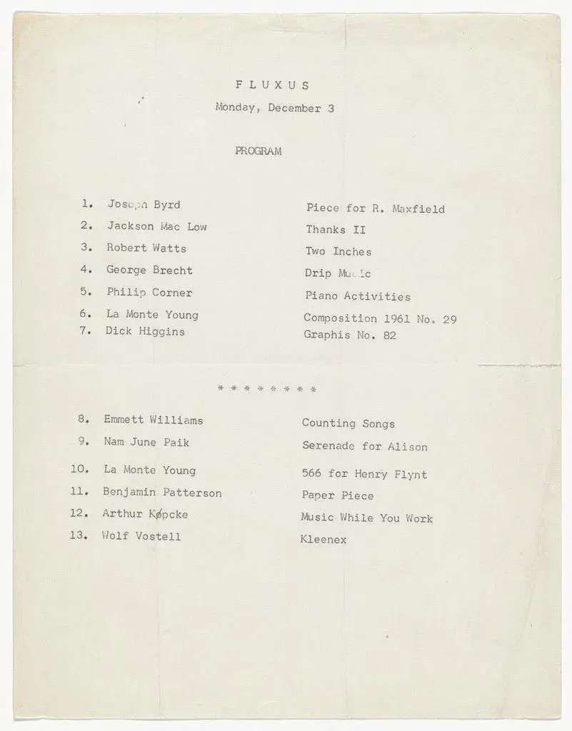 Program for Festum Fluxorum, Poésie, Musique et Antimusique Evènementielle et Concrète, American Students & Artists Center, Paris, December 3, 1962 by Designer Unidentified