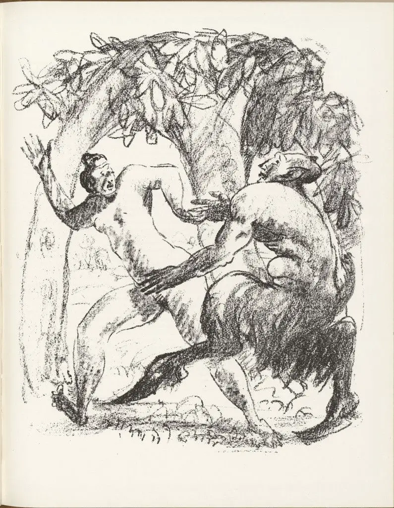 Faun and Nymph (Faun und Nymphe) (plate, page 95) from the periodical Münchner Blätter für Dichtung und Graphik, vol. 1, no. 6 (June 1919) by Walther Teutsch