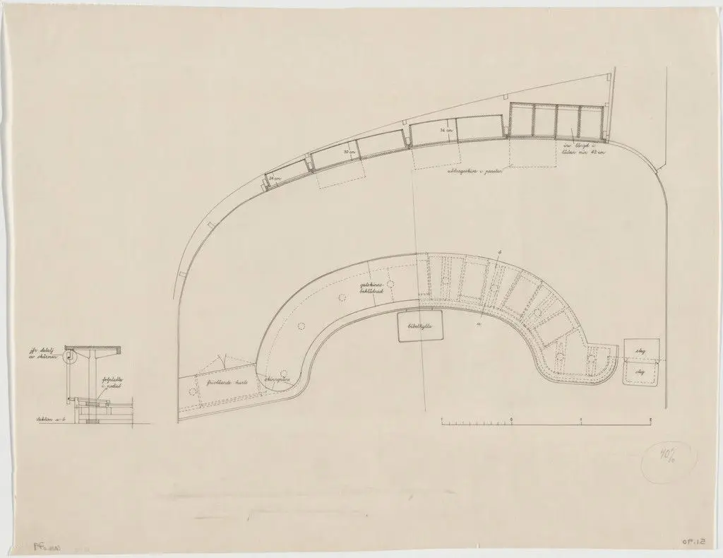 Law Courts Annex, Gothenburg, Sweden, Plan of courtroom and section of desk by Erik Gunnar Asplund