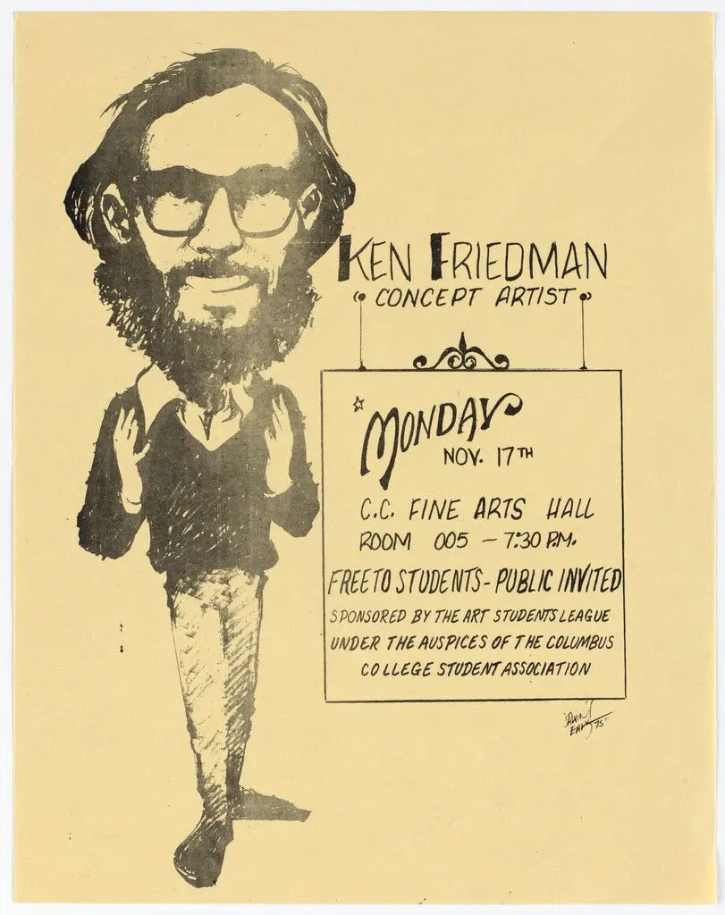 Poster for Ken Friedman, Columbus College Fine Arts Hall, Ohio, November 17, 1975 by Ken Friedman, Designer Unidentified