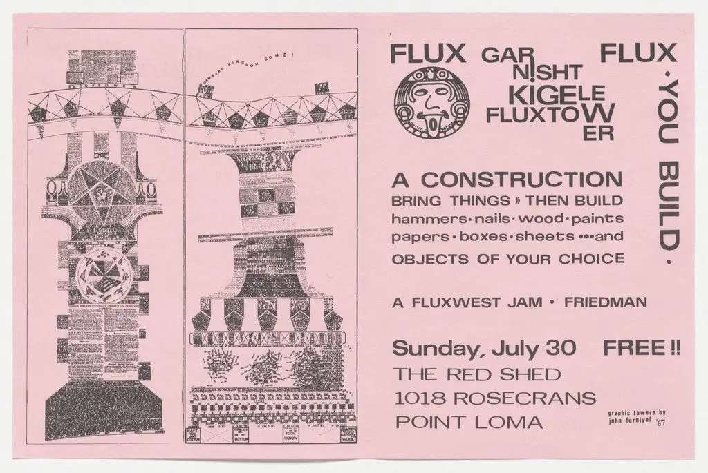 Flyer for Garnisht Kigele Fluxtower, The Red Shed, Point Loma, California, July 30, 1967 by Ken Friedman