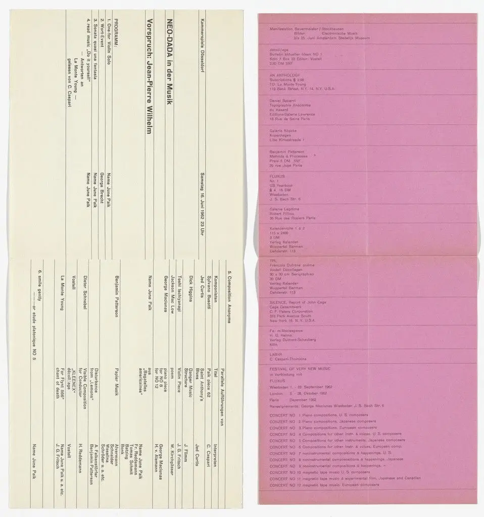 Program for Neo-Dada in der Musik, Kammerspiele, Düsseldorf, June 16, 1962 by Designer Unidentified