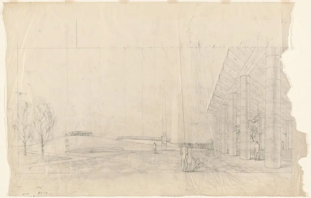 Woodland Crematorium, Stockholm, Sweden, Exterior-perspective study by Erik Gunnar Asplund