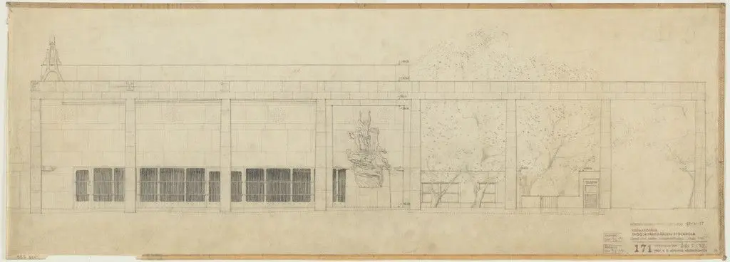 Woodland Crematorium, Stockholm, Sweden, Exterior elevation of loggia by Erik Gunnar Asplund