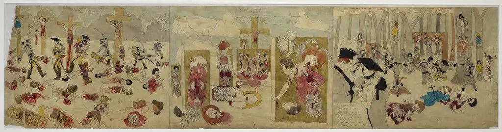 a) Are almost murdered themselves though they fight for their lives typhoon saves them... b) Vivian girls said Glandelinian tent, by Henry Darger