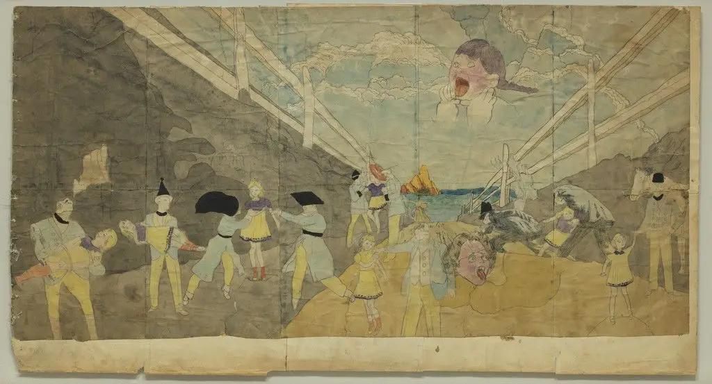 a) Untitled (Strangled child in the sky) b) At Norma Catherine nearing enemy lines are captured by Henry Darger